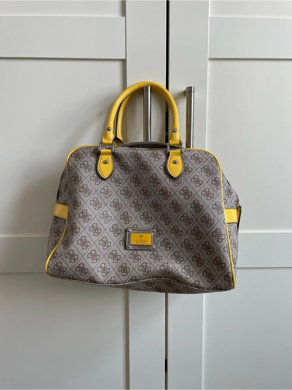 Guess Brown Monogram Satchel with Yellow Trim